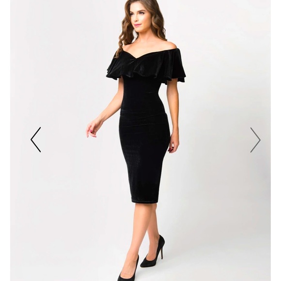 NWT Unique Vintage Black Velvet Draped Off Shoulder Sophia Wiggle Dress 🖤 - Picture 2 of 7